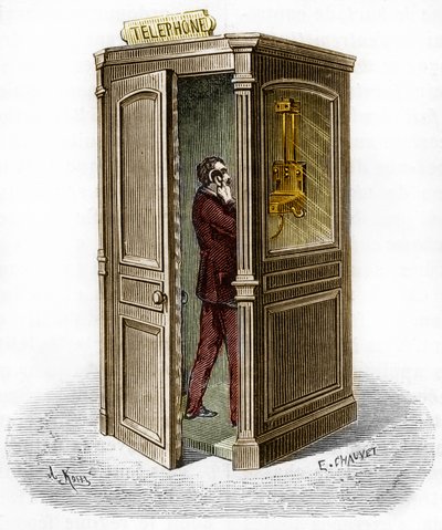 Telefonkiosk i 1888. Gravering i «The Journal of Youth» av Unknown artist