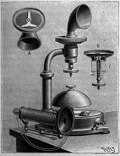 Telefoni i Sverige: modell av en telefon fra Ericsson Company. Gravering i "" Nature: gjennomgang av vitenskapene og deres anvendelser på kunst og industri "" av 23. mars 1889. av Unknown artist