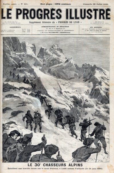 De 30. alpine jegerne gjennomførte en tvangsmarsj på Pelvoux-fjellet i 3400 meters høyde 21.–24. juni 1895 - gravering i «Le Progres illustrious»» fra 1895 av Unknown artist