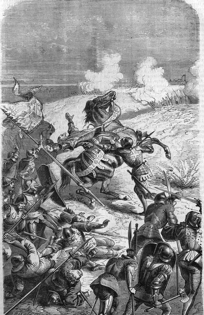 The 75-year-old veteran John Talot was recut to lead an expedition of 3000 men, which debarquated in Guyenne on 17 Oct. 1452. Engraving representing Talbot