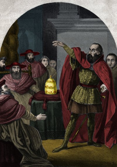 The Antipope John XXIII (Antipapa Giovanni 23) (1410-1415) (Baldassarre Cossa) was proclaimed sovereign pontiff by the Council of Pisa in 1410. Engraving from 1842 in “Histoire des popes”” by Maurice Lachatre. Private collection. av Unknown artist