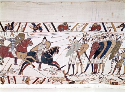 Slaget ved Hastings, vunnet av Erobreren Vilhelm I (1027 - 1087) 14.10.1066 og hvor kong Harold II av England døde (1022 - 1066). Bayeux-teppe, kjent som Broderi av Dronning Mathilde av Unknown artist