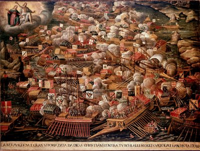 Slaget ved Lepante utenfor kysten av Hellas motarbeidet en spansk, venetiansk og pavestyrke til ottomanerne i 1571. Anonymt maleri. Det 16. århundre. Venezia Museo Correr av Unknown artist