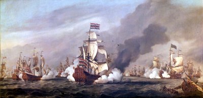 Slaget om de fire dager fra 11. til 14. juni 1666 under den andre anglo-nederlandske krigen. Oljemaling. av Unknown artist
