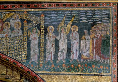 Den velsignede ledet av en engel: Detalj fra triumfbuen med det himmelske Jerusalem. Mosaikk, tidlig på 900-tallet. S. Prassede, Roma, Italia - Visjonen om det himmelske Jerusalem - de utvalgte, presentert for St. Peter og St. Paul av en engel, rykker frem av Unknown artist