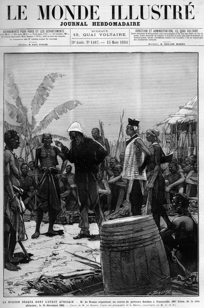 Brazza-misjonen i Vest-Afrika: Pietro Paolo Savorgnan di Brazza eller Pierre Paul Francois Camille Savorgnan de Brazza (1852-1905) som organiserer en konvoi av Batekes-transportører til Franceville (Gabon) 14. desember av Unknown artist