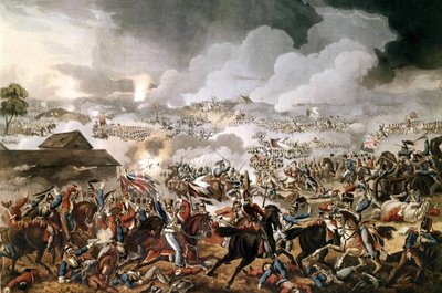 The British army commanded by the Duke of Wellington (1769 - 1852) won the Battle of Waterloo against the French troops of Napoleon I on 18/06/1815. Engraving of the period. av Unknown artist