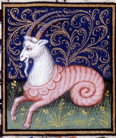 Steinbukken. Miniatyr av et horoskop. 1400-talls manuskript. Bibl. Trivulziana, Milano. av Unknown artist