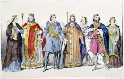 Karolingerne: Richarde (845-etter 887) og Charles III Le Gros (839-888), Arnulf av Kärnten (ca. 850-899), Ludvig IV av Outremer (920-954) og Gerberge av Germania (913-984) , Lothaire IV (941-986) og Emma av Italia (948-1006) - Tallerken fra Kings and Fr. av Unknown artist