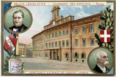 Deputertkammeret i Roma (Italia), med portretter av grev Camillo Benso de Cavour (1810-1861) og Francesco Crispi (1819-1901) - Liebig-kromolitografi av Unknown artist