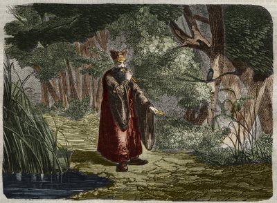 Kineseren Ling Mon (Ling-lun) (Lihng-lewn) oppdager stemningen ved å blåse i stammen til en bambus. 27. århundre f.Kr. Gravering fra 1859 i "" Le Musee Des Sciences"" av Unknown artist