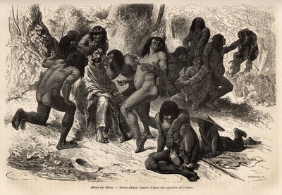 Chunchos-indianerne angrep teamet til Marcoy, i Caravaya-dalen (Andes cordilliere), men sistnevnte hadde ingenting å fly, indianerne hadde det gøy med å kle av oppdagelsesreisende og finne på dem med rockoo-frø. Gravering pour illustrrer le voyage dans le av Unknown artist