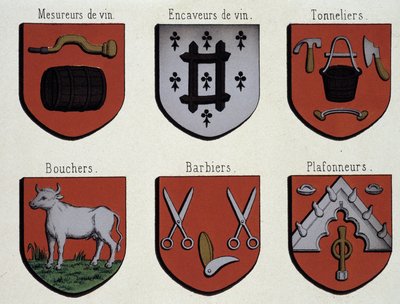 Våpenskjoldene i Gent (eksemplar av middelalderens våpenskjold): Vinmålere, vinhulere, bøkkere, slaktere, barberere, tak av Unknown artist