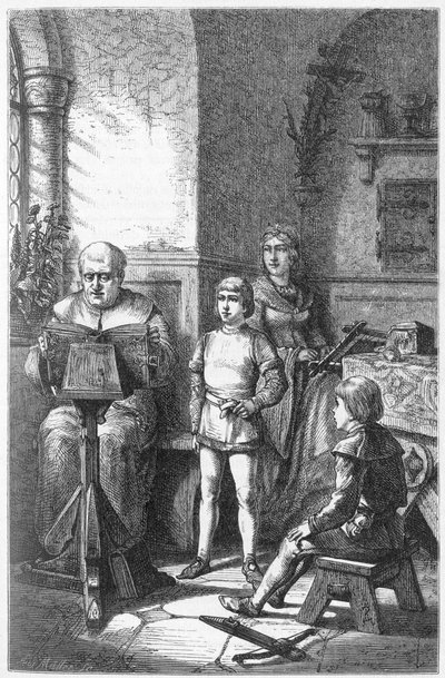 Constance Eveque leser den tyske historien i Conrad, kjent som Conradin de Hohenstaufen (1252-1268) og Frederic I av Baden-Baden ((Friedrich I von Baden-Baden) av Unknown artist