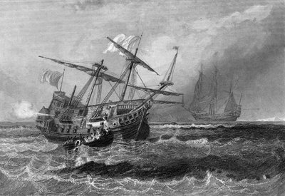The Corbin lost on the reef in the Maldives Islands on 1 July 1602. In “” General History of the Navy”” by Van Tenac av Unknown artist