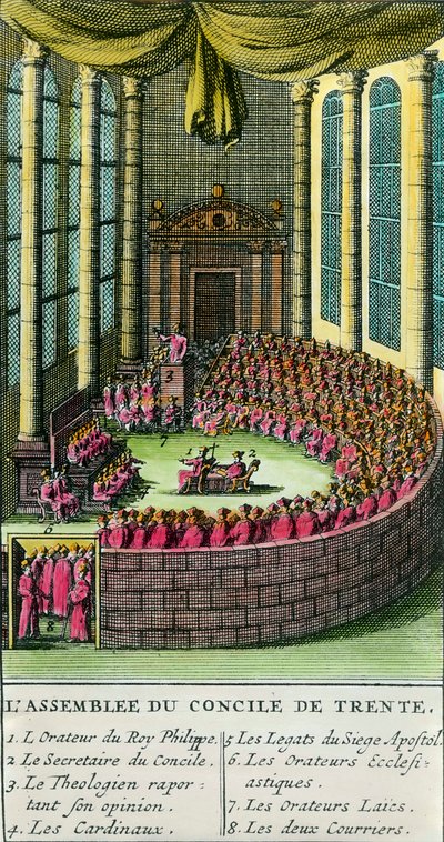 Konsilet i Trent. Illustrasjon med beskrivelse av medlemmene tilstede på forsamlingen. Konsilet i Trent ble innkalt av pave Paul III (representant for den romersk-katolske kirke) i 1545, som svar på forespørsler fra Martin Luther i f. av Unknown artist