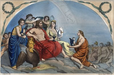 The Council of the Gods (eller Assembly of the Gods): Zevs på Olympus omgir guddommelige - Olympus-gravering fra "" skikker til alle folk i universet. Det er historien om regjeringen, lovene, militsen, om religionen til alle nasjoner d av Unknown artist