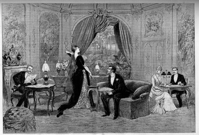 The Count of Riverolles, Francine, Stanislas de Grandredon, Therese Smith and Henri de Simeux, characters of the play “” Francillon”, comedy by Alexandre Dumas (1824-1895) played at the Comedie-Francaise (1887) in Paris. Engraving in “” Le monde illustriou av Unknown artist