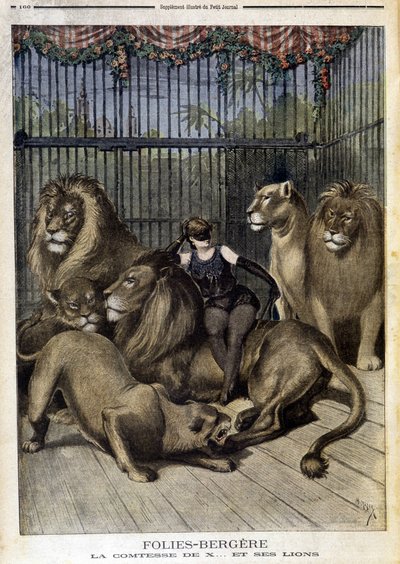 Grevinnen av X... og løvene hennes på showet på Folies Bergères i Paris. I Le petit Journal, 19.05.1895. av Unknown artist