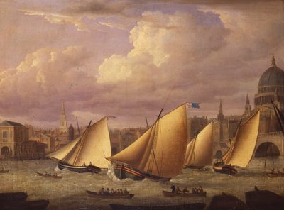Cumberland Fleet racing over London Bridge, 1782 av Unknown