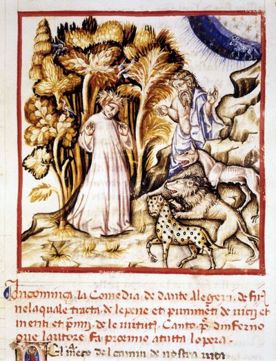 Den guddommelige komedie av Dante Alighieri. Miniatyr som viser Dante, Virgil og de tre beistene. 1300-talls manuskript. Kommunal Bibl. av Rimini. av Unknown artist