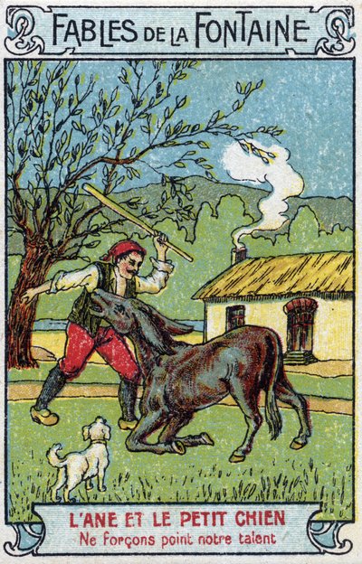 Eselet og den lille hunden - Fabler av Jean de La Fontaine (1621-95) Kromolitografi fra slutten av 1800-tallet Privat samling av Unknown artist