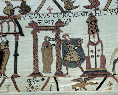 Hertugen av Normandie Vilhelm Erobreren (1027-1087) lover datteren Aelfgyve til Harold i ekteskap Nedre venstre, representasjon av en naken mann. Detalj av Bayeux-teppet eller broderi av dronning Mathilde av Unknown artist