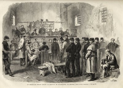 The Fenian Insurrection, inquest on Mr Cleary in the Courthouse at Kilmallock - 1867 - En rettssak mot fenianere for Court of Kilmallock i Irland - 1867 - gravering fra "The Illustrous Universe" fra 1867 av Unknown artist