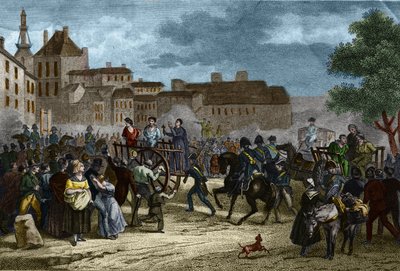 The Four Sergeants led to the scaffaud: the Four Sergeants (Bories, Pomier, Raoulx and Goudin) of La Rochelle accused under the Restoration of wanting to overthrow the monarchy and guillotines in 1822. Their crime is to belong to the Charbonnerie (Carboner av Unknown artist
