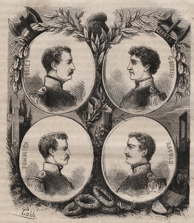 The Four Sergents (Jean Francois Bories (1795-1822), Jean Joseph Pommier (1796-1822), Marius Claude Raoulx (1797-1822)) and Charles Goubin (1798-1822) of La Rochelle accused under the Restoration of wanting to overthrow the monarchy and guillotines in 1822 av Unknown artist