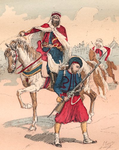 Den franske Armee under regjeringen til Louis Philippe fra 1830 til 1848 - Zouave og Spahi - Gravering fra 1882 i "" Histoire de dix ans: 1830-1840""" Louis-Blanc (1811-1882) av Unknown artist