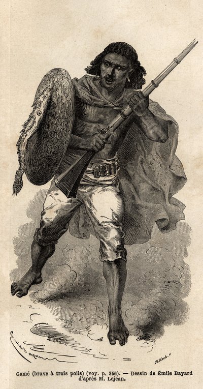 The Game, eller modig har tre hår, abyssinisk våpensoldat. Gravering for å illustrere turen til Abessinia, i 1862 av Guillaume Lejean, i "Le tour du monde, nouveau journal des voyages"" utgitt under ledelse av Edouard Charton av Unknown artist