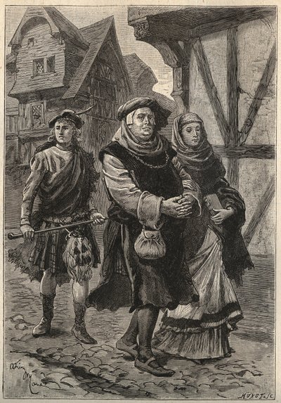 The Gartier (The Glover) accompanying his daughter to the church - 19th century illustration for the historical novel “The Pretty Girl of Perth or Valentine