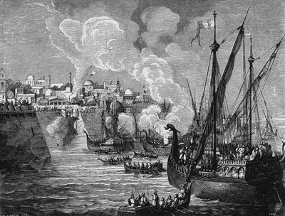 The Greek fire used by the besiegers and the besieged at the siege of Constantinople by Muhammad II in 1453. In” Album de la Science””, Éditions Jouvet av Unknown artist