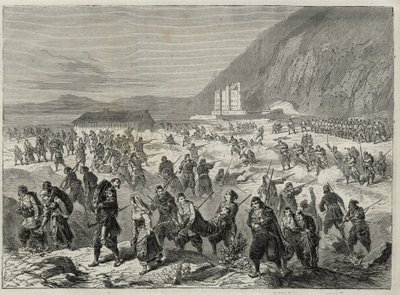 Opprøret i Dalmatia (Bocche di Cattaro) - opprør mot verneplikt pålagt av den østerrikske regjeringen - DALMATIA EVENT. OPPSTÅRELSER OM STATSTRINITA FORT, NÆR CATARO (Bouches of Kotor) - Kotorbukta - 1869 - av Unknown artist