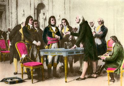 Den italienske fysikeren Alessandro (Alexandre) Volta (1745-1827) presenterer bunken sin til Napoleon Bonaparte. 1801 Privat samling av Unknown artist