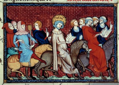 Kongen av Frankrike Louis IX (Saint Louis) (1214-1270) har fortalt sine timer til sine miniatyrprester fra et manuskript "Life and miracles of Saint Louis"" av William of Saint Pathus av Unknown artist