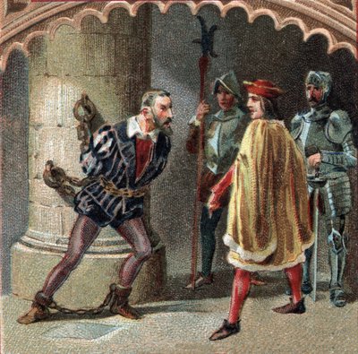 Kongen av Frankrike Louis XII har Ludovic Marie Sforza, kjent som More (Ludovico Maria Sforza detto il Moro) (1452-1508) innelåst i slottet Loches, i Touraine. Kromolitografi fra slutten av 1800-tallet av Unknown artist