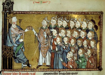 Kongen av Frankrike Ludvig X Hutinen (1289-1316) overleverte charteret til normannerne 19.03.1315, og tenkte på større uavhengighet og færre skatter til hertugen av Normandie. Miniatyr fra et manuskript fra 1300-tallet av Unknown artist
