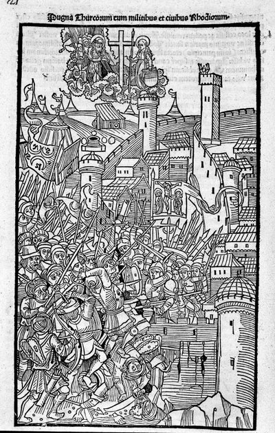 Knights of Rhodes (Ordenen av Hospitallers of St. John of Jerusalem) angriper Rhode Island i "" Rhodiorum Historia"" av Guilelmus Caorsin, Ulmae, Joh. Reger 24. oktober av Unknown artist