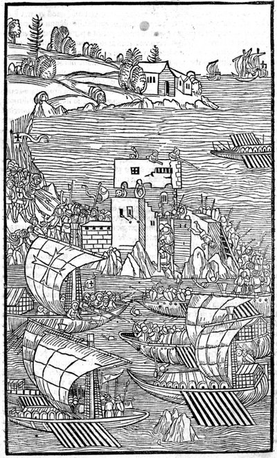 Knights of Rhodes (Ordenen av Hospitallers av St. John of Jerusalem) angriper Rhode Island i "" Rhodiorum History"" av Guilelmus Caorsin, Ulmae, Joh. Regjeringen oktober av Unknown artist