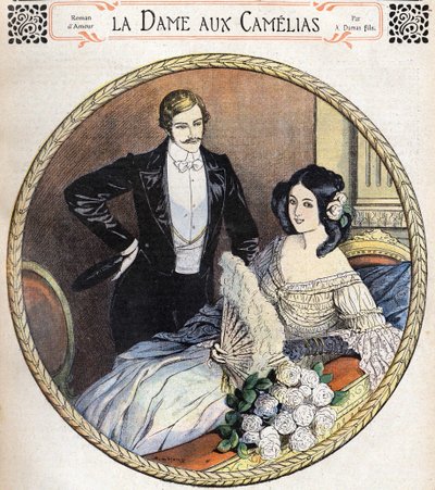 The Lady of the Camelias av Alexandre Dumas Jr., en illustrasjon på slutten av 1800-tallet etter journalen for romaner. av Unknown artist