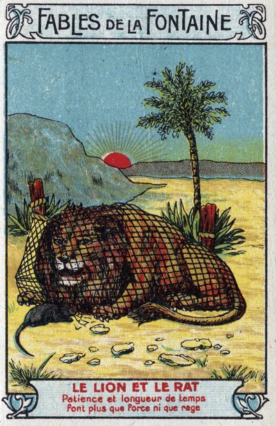 The Lion and the Rat - Fables av Jean de La Fontaine (1621-95) -Kromolitografi fra slutten av 1800-tallets privatsamling av Unknown artist