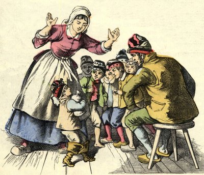 Den lille Poulet og brødrene hans drar hjem til foreldrene hans. Illustrasjon av historien "" Le Petit Poucet"" av Charles Perrault av Unknown artist