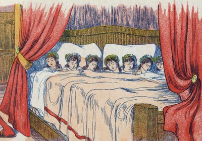 Den lille tommelen og brødrene hans sover, kronen i hodet hans. Illustrasjon for "" Le Pepetit poucet"", fortelling av Charles Perrault (1628-1703), fransk forfatter. Anonym illustrasjon. Bilder Marcel Vagne, Jarville Nancy, udatert (slutten av 1800-tallet av Unknown artist