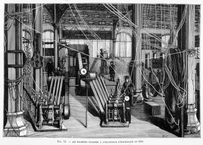 Machine Grams på elektrisitetsutstillingen i 1881 - i "" The New Conquests of Science"" av Louis Figuier. av Unknown artist