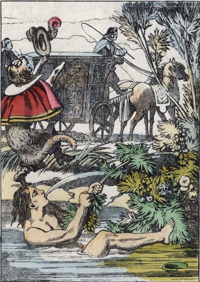 Marquis de Carabas later som om han drukner mens støvelkatten roper på hjelp. Illustrasjon av historien "The cat botte" av Charles Perrault av Unknown artist