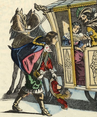 The Marquis of Carabas greets the king and the princess in their carriage. Illustration of the tale “The cat botte” by Charles Perrault av Unknown artist