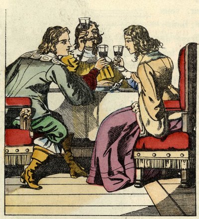 Markisen av Carabas inviterer prinsessen og kongen til å spise i slottet. Illustrasjon av historien "The cat botte" av Charles Perrault av Unknown artist