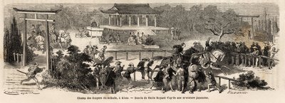 Mikado (keiseren av Japan) eierfelt i Kioto (eller Kyoto), trenings- og treningsbane for keiserlige hester. Gravering for å illustrere reisen til Japan, i 1863-1864, av Aime Humbert, minister for det sveitsiske konføderasjonen, i "Le tour du monde, nouveau av Unknown artist